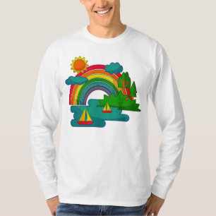 Camiseta Paisagem de viagem de barco sob nuvens solares e a