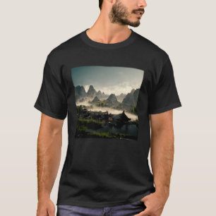 Camiseta Paisagem de Vila Chinesa Relística Montanha Octan