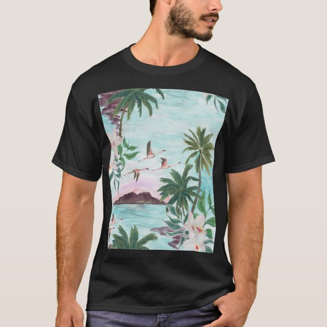 Camiseta Paisagem Havaiana Flamingo Watercolor Padrão (Frente)