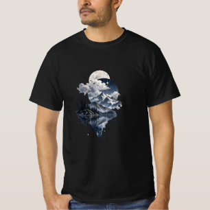Camiseta Paisagem Mística de Montanha Lua e Clo Geométrico