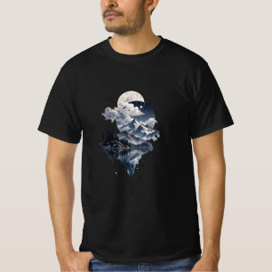 Camiseta Paisagem Mística de Montanha Lua e Clo Geométrico