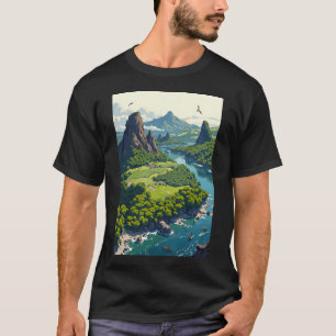 Camiseta Paisagem montanhosa coroada por arco-íris ilha cur