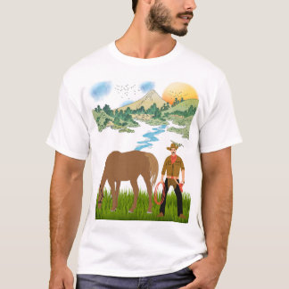 Camiseta Paisagem montanhosa de vaqueiro e cavalo pastando