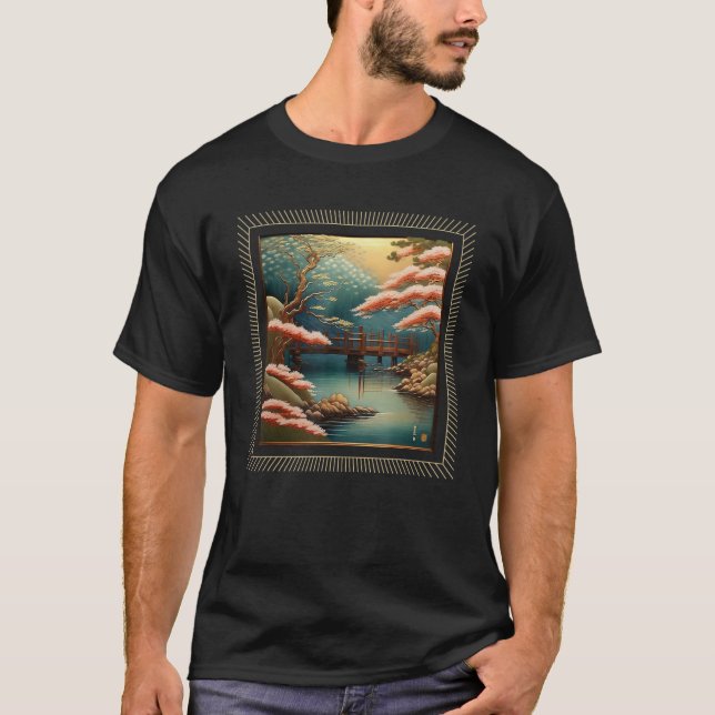 Camiseta Paisagem natural da ponte fluvial estética japones (Frente)