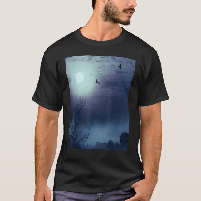 Camiseta Paisagem Natural De Foggg Lua Inteira E Morcegos (Frente)