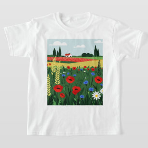 Camiseta Paisagem rural com um campo de flores