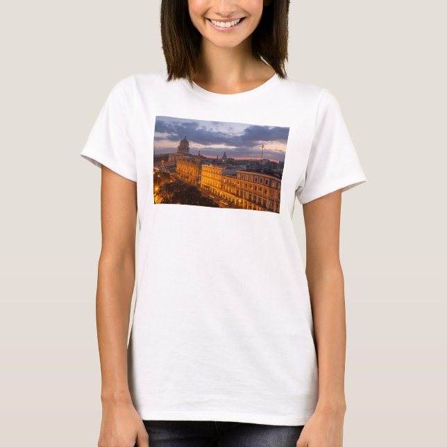 Camiseta paisagem urbana ao pôr do sol, Havana, Cuba (Frente)