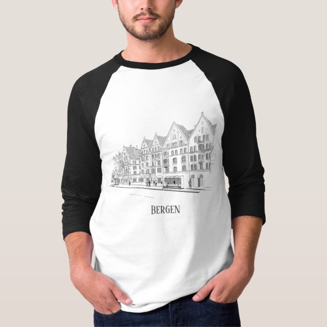 Camiseta Paisagem Urbana de Bergen Noruega Desenho Linear B (Frente)