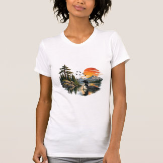 Camiseta Paisagem Vintage do Lago Loon Montanha Pôr-do-Sol