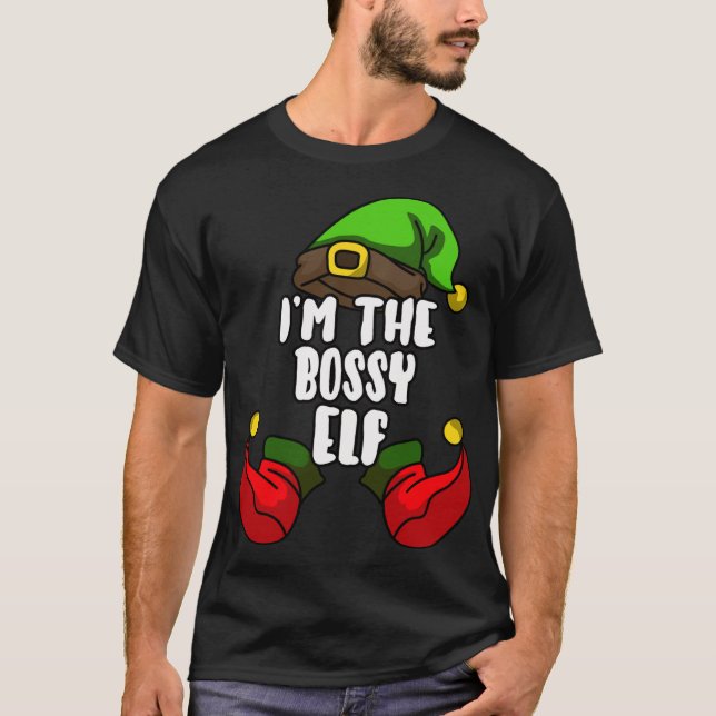 Camiseta Pajama do Partido de Natal da Família Bossy Elf Ma (Frente)