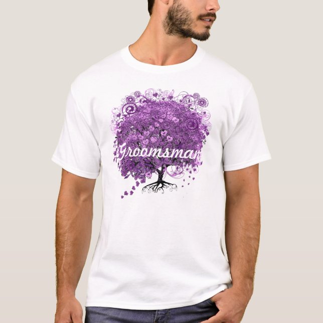 Camiseta Pajem Floresta Coração Roxo Folha Árvore Casamento (Frente)
