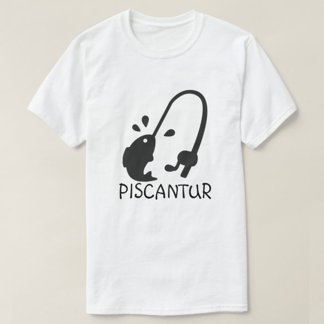 Camiseta Palavra em latim: piscantur, peixe e vara de pesca (Frente do Design)
