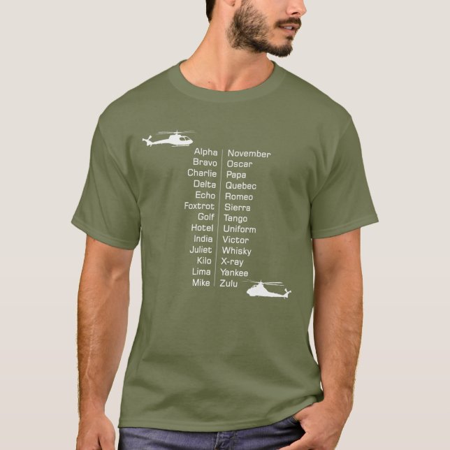 Camiseta Palavras de alfabeto fonético do piloto de helicóp (Frente)