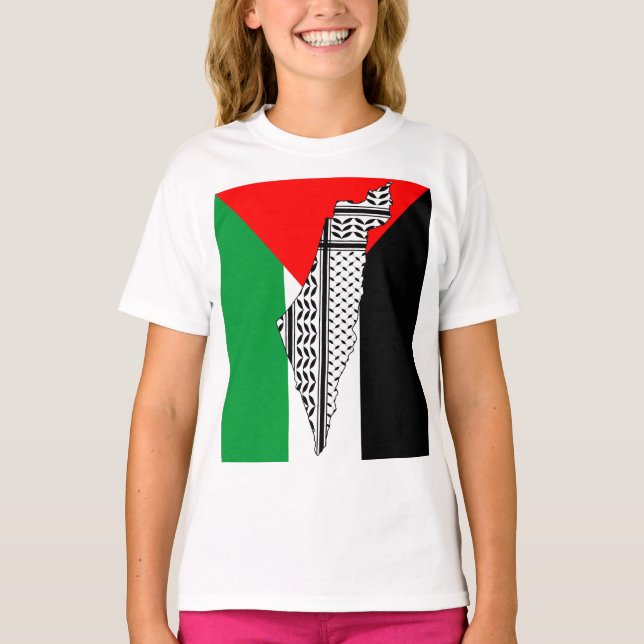 Camiseta Palestina - Bandeira e Mapa com Padrão Keffiyeg (Frente)