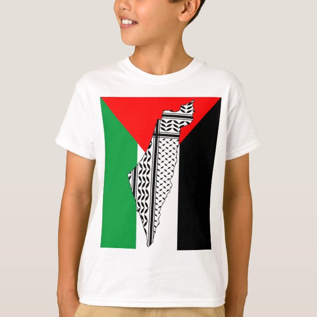 Camiseta Palestina - Bandeira e Mapa com Padrão Keffiyeg (Frente)