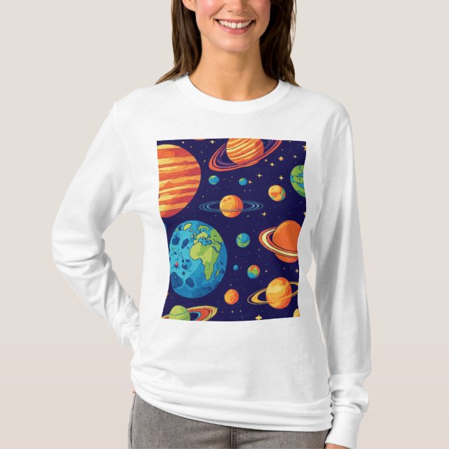 Camiseta Paleta Cósmica: Sinfonia Planetária (Frente)