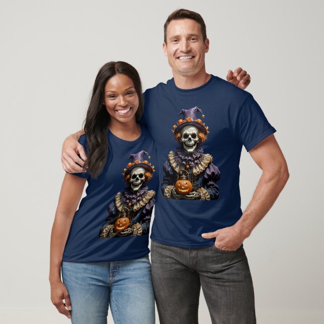 Camiseta Palhaço Esqueleto Gótico de Halloween com Jack-O (Unissex)