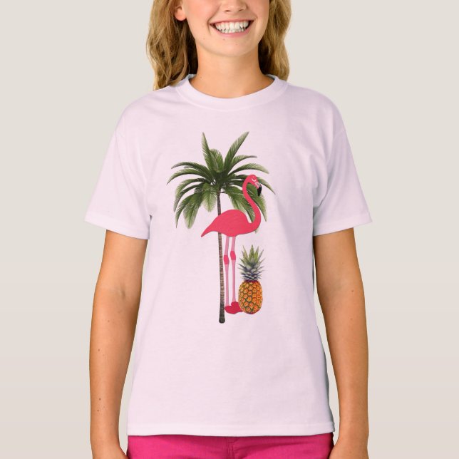 Camiseta Palm Tree, Flamingo Rosa, Camisa-T da Menina de An (Frente)