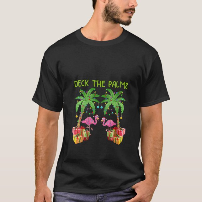 Camiseta Palmas Tropicais Engraçado Flamingo Xmas Tree L (Frente)