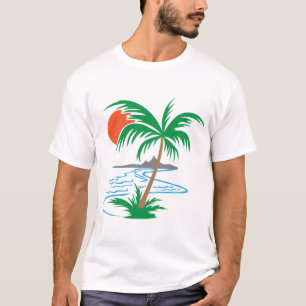 Camiseta Palmeira à Beira do Rio Arte de Pôr do Sol Tropi