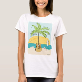 Camiseta Palmeira de Guitar ao Pôr do Sol na Praia