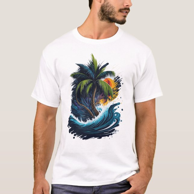 Camiseta Palmeira em estilo de pintura com onda marítima (Frente)
