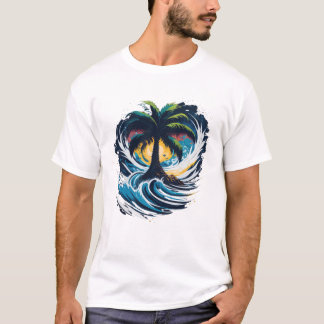 Camiseta Palmeira em estilo de pintura com onda marítima