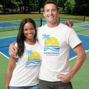 Camiseta Palmeira tropical Sun de Pickleball seu texto