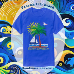 Camiseta Panamá City Beach Flórida Palm Sailboat e Sun T-