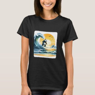 Camiseta Panda A Navegar Numa Onda Marítima Ao Sunset. Surf