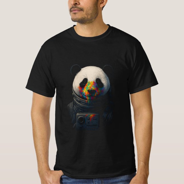 Camiseta Panda Astronauta com Salpico de Tinta Neon  (Frente)