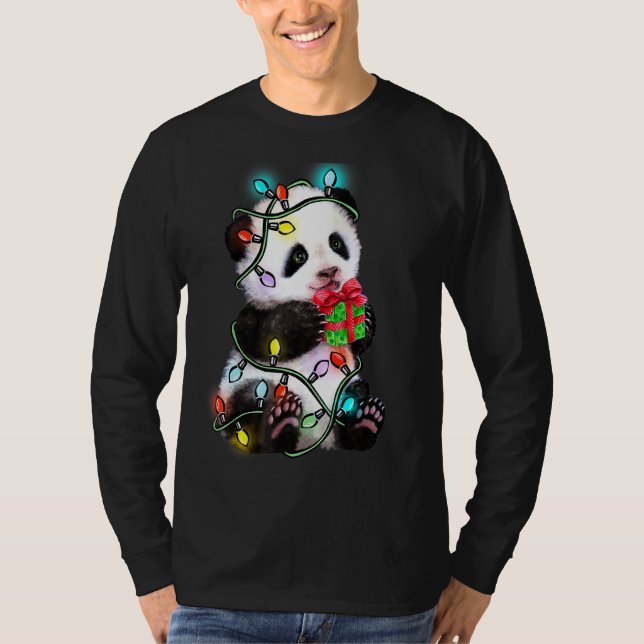Camiseta Panda Bear Natal Pajama Funny Xmas Lights Anim (Frente)