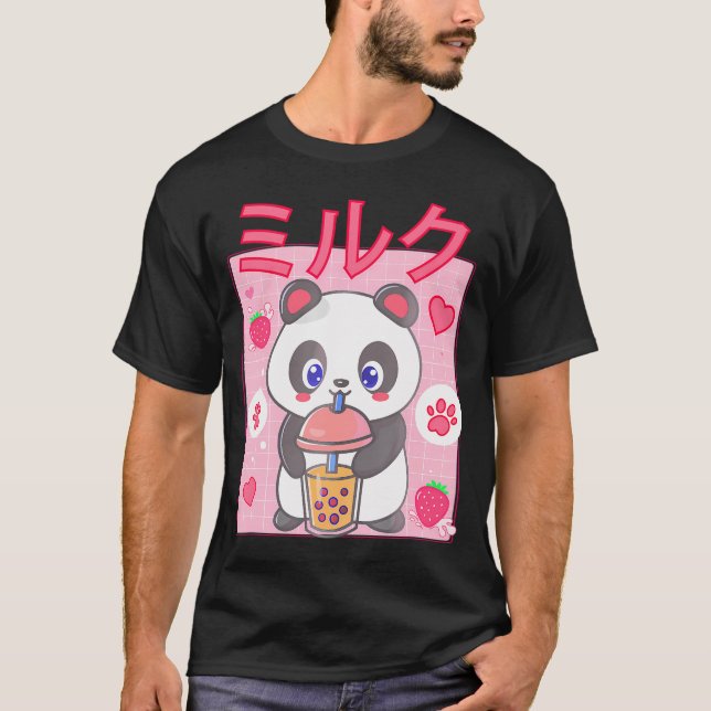 Camiseta Panda Boba Tea Bubble Tea Anime Kawaii Strawberry (Frente)
