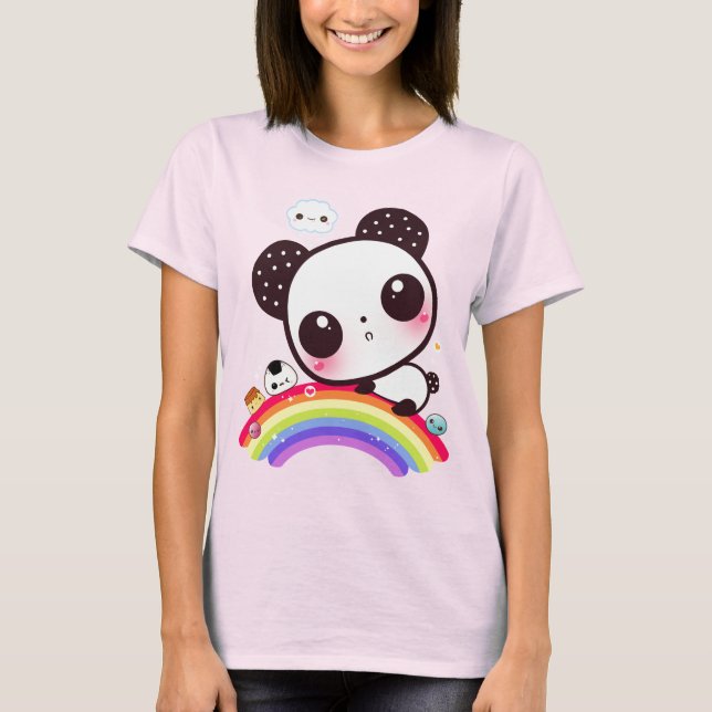 Camiseta Panda bonita com comida kawaii no arco-íris (Frente)