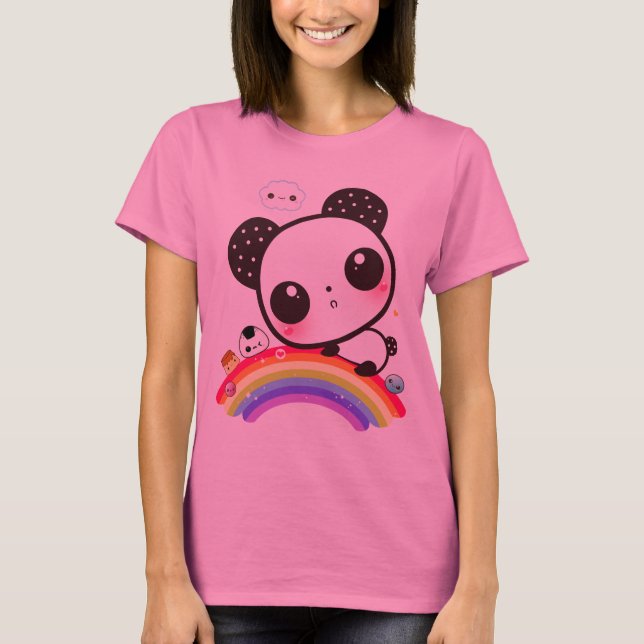 Camiseta Panda bonita com comida kawaii no arco-íris (Frente)