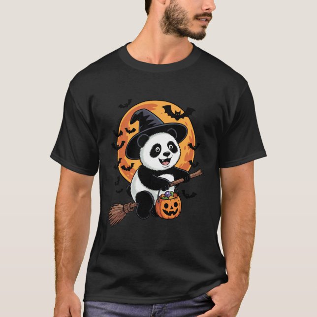 Camiseta Panda Bruxa Jack-o-Lantern Balde de Doces Hallowee (Frente)