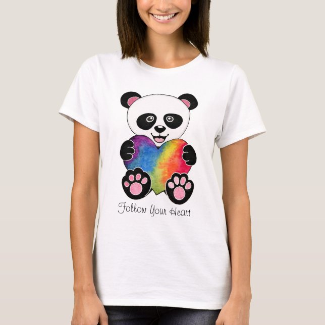 Camiseta Panda Cuta De Aquarela Com Coração Arco-Íris (Frente)