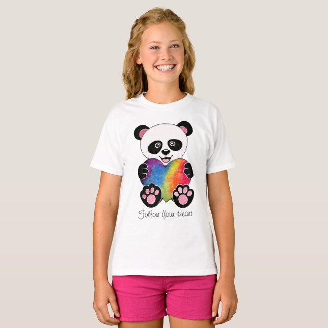 Camiseta Panda Cuta De Aquarela Com Coração Arco-Íris (Frente Completa)