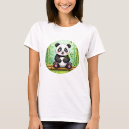 Camiseta Panda de Desenho Animado Fofo em Remendo de Bambu