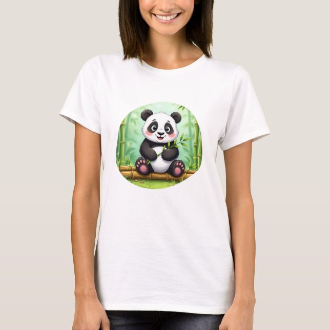 Camiseta Panda de Desenho Animado Fofo em Remendo de Bambu (Frente)
