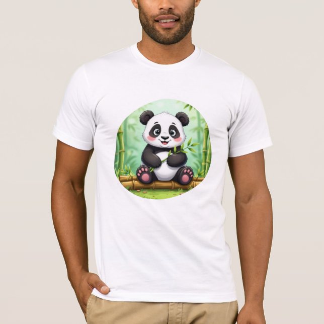 Camiseta Panda de Desenho Animado Fofo em Remendo de Bambu (Frente)