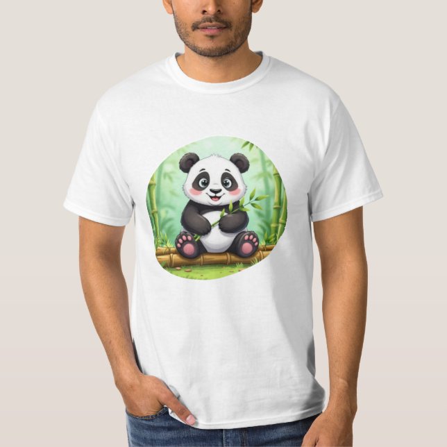 Camiseta Panda de Desenho Animado Fofo em Remendo de Bambu (Frente)