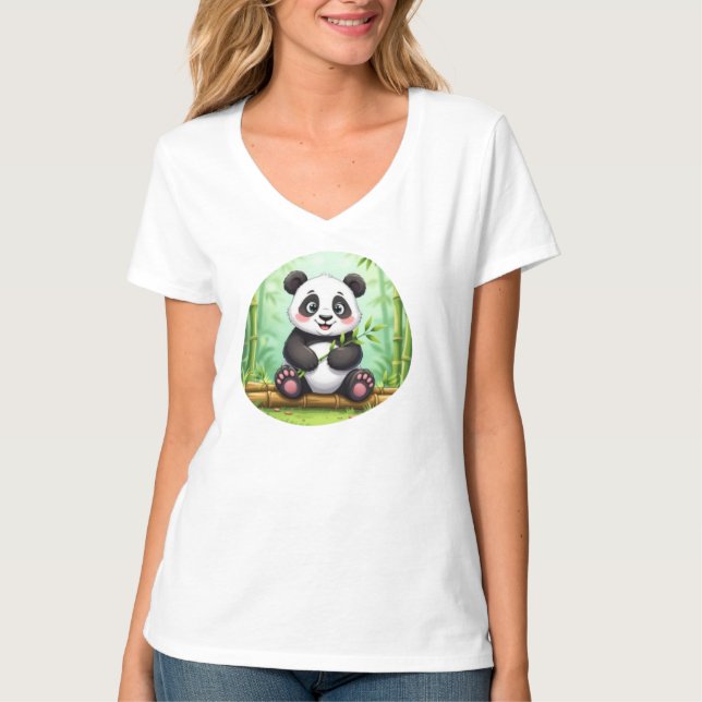 Camiseta Panda de Desenho Animado Fofo em Remendo de Bambu (Frente)