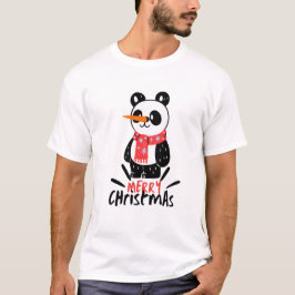 Camiseta Panda de Natal Ilustrativa e Preta Branco Vermelho