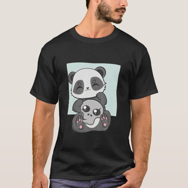 Camiseta Panda E Crânios E Esqueleto Urso De Animes Bonitos (Frente)
