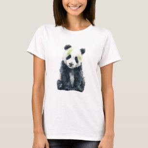 Camiseta Panda em Aquarela com Salpico de Bambu Verde Mulhe