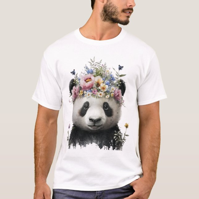 Camiseta Panda Floral de Cores Aquáticas (Frente)