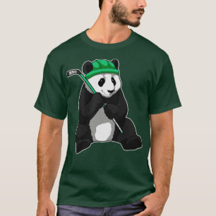 Camiseta Panda no hóquei no gelo com bastão de hóquei no ge