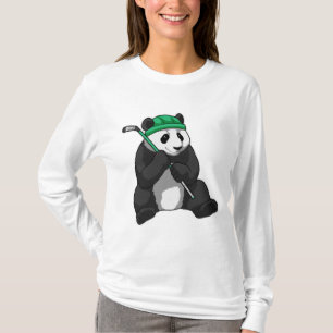 Camiseta Panda no hóquei no gelo com bastão de hóquei no ge