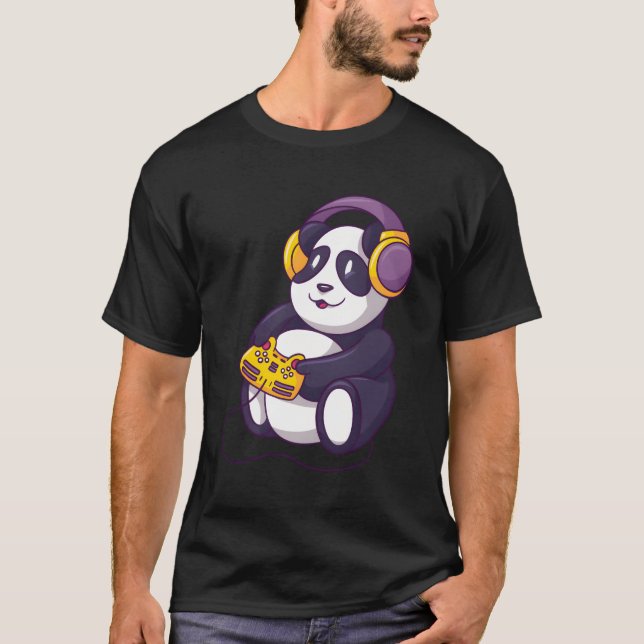 Camiseta Panda Reproduzindo Videos games Vestindo Fones de  (Frente)